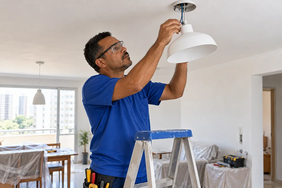 Cena ilustrativa de eletricista trabalhando em iluminação residencial